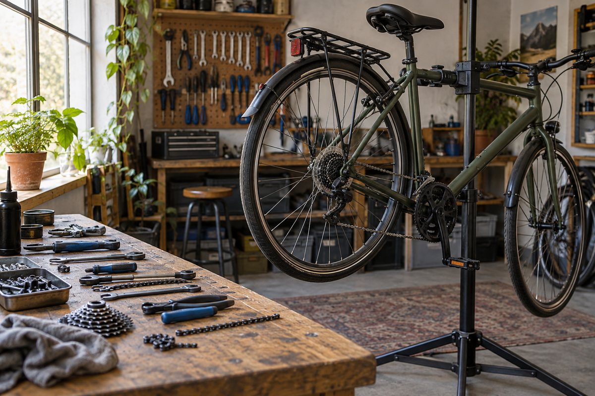 Bicycle repair scheduling and parts readiness Bicycle on a repair stand beside workshop tools and spare parts
