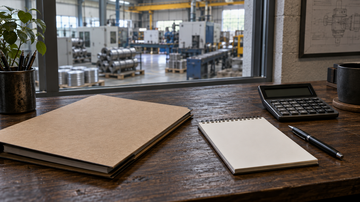 Business investment planning Planning documents and calculator overlooking a manufacturing floor