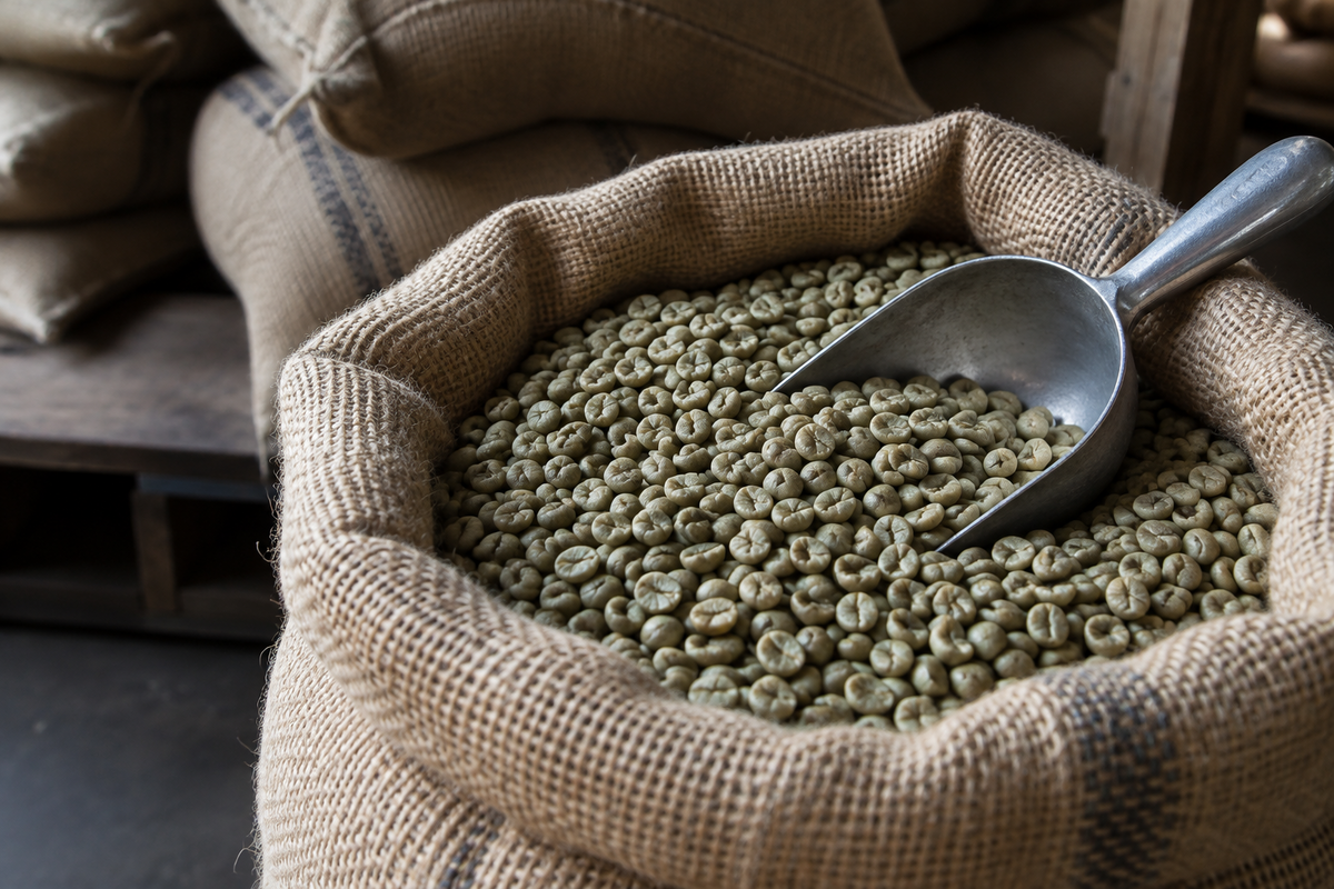 Physical green-coffee lots for purchase Green coffee beans in an open jute sack with a metal sampling scoop