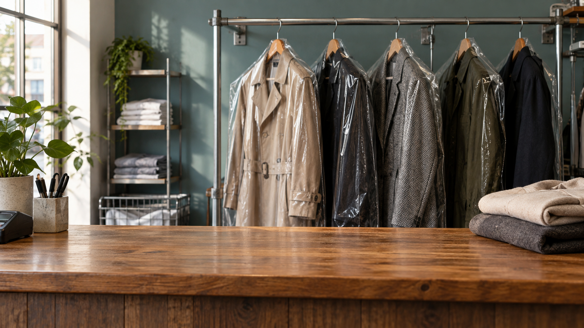 The neighbourhood dry-cleaning counter Coats and jackets on a rail behind a garment-service counter