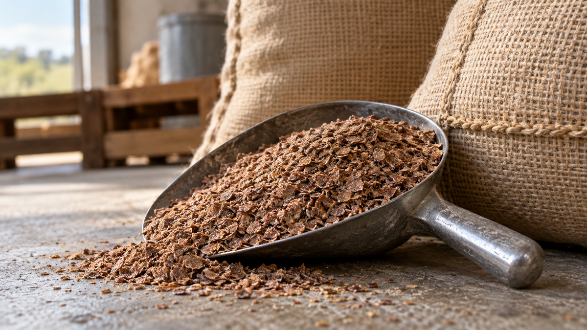 Flax processing and export shipments Flax meal beside oilseed-processing sacks