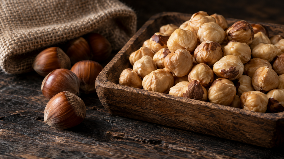 Hazelnut export shipments Shelled hazelnuts and whole nuts beside a woven export sack